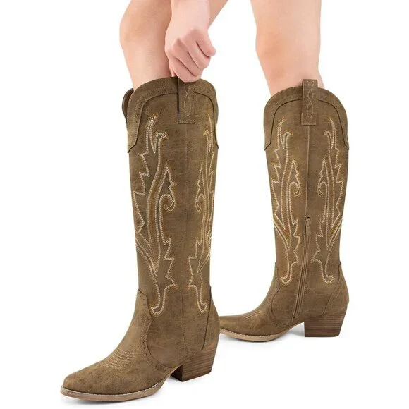 Womens Faux Leather Tan Embroidered Side Zipper Chunky Heel Retro Tall Boot - Picture 8 of 9